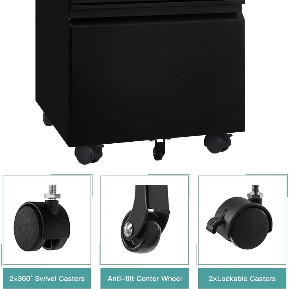 Archivador de metal de 3 cajones con cerradura, ruedas rodantes, cajones profundos para colgar archivos, almacenamiento de oficina debajo del escritorio, archivador seguro