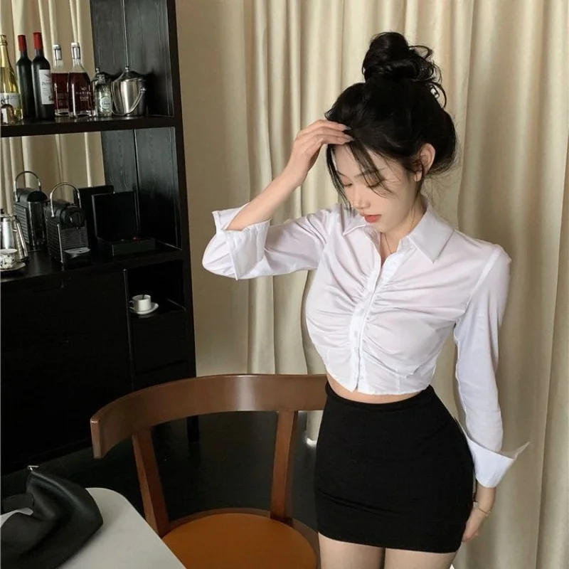 Shirts Women Shirring Sexy Style Fashion Slim High Street Casual Y2k Hotsweet Ins Spring Autumn Club Lady All-match Mujer Blusas