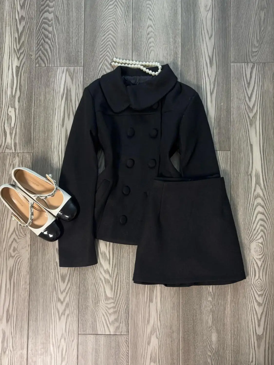 

France Winter Elegant Party Two Piece Set Women Solid Short Coat + High Waisted Pleated Skirt Korea Chic Design Skirt Set New