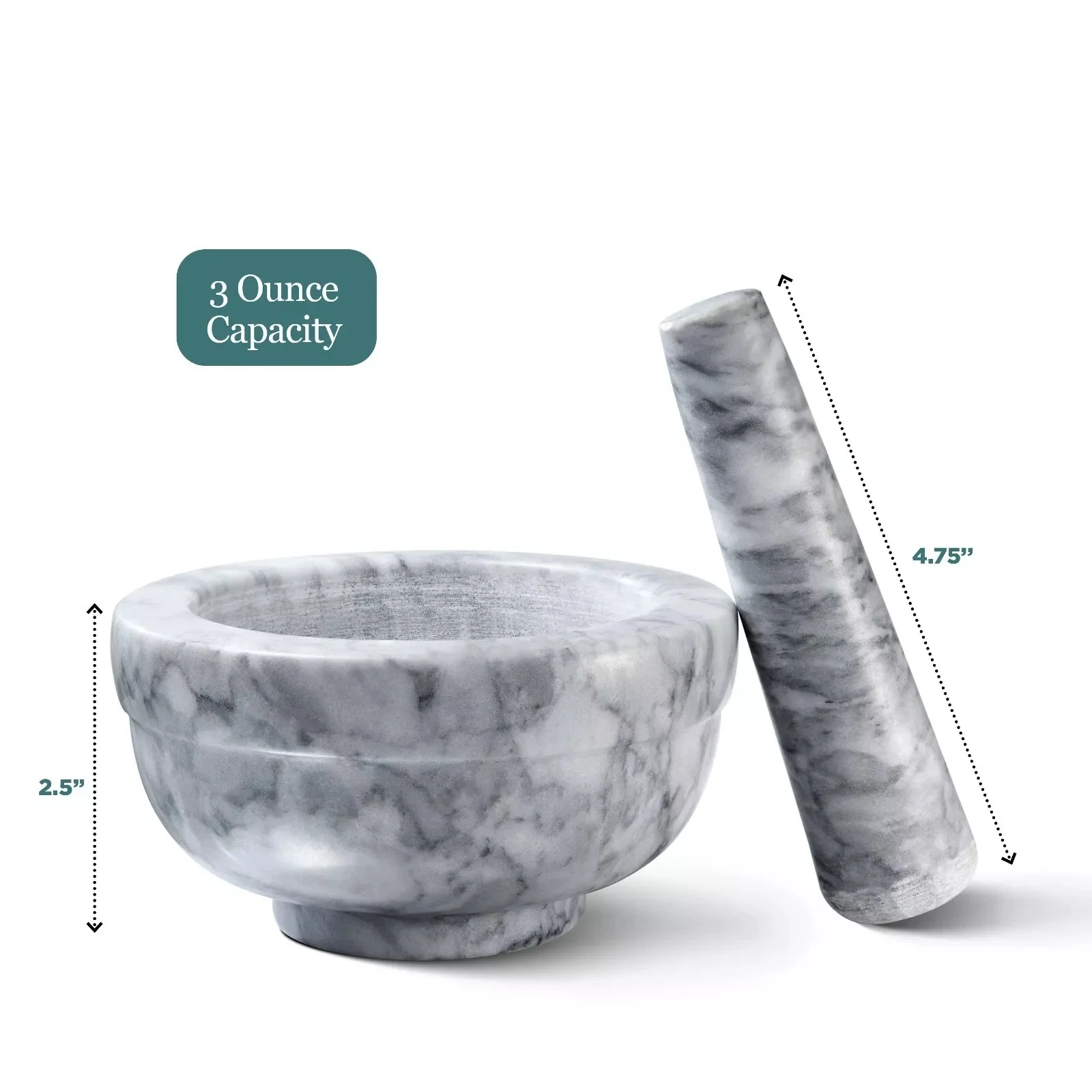 

Granite Mortar and Pestle with White Marble Finish Set Use in Grey 4.5" Diameter