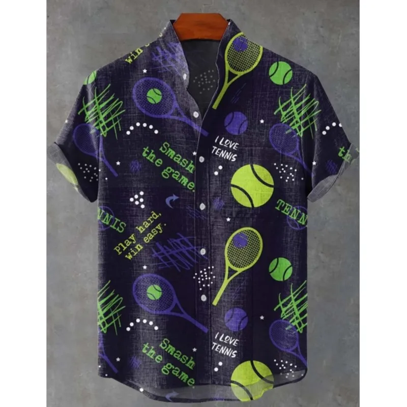 2025 masculino raquete de tênis padrão camisa de manga curta verão vintage nova camisa de linho masculino de manga curta lazer férias streetwe