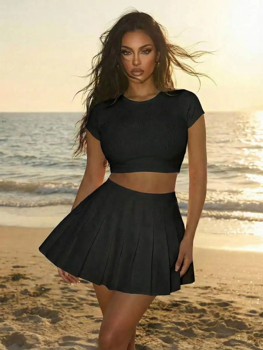 

Solid Pleated Skort Shorts For Women Casual Beach Style