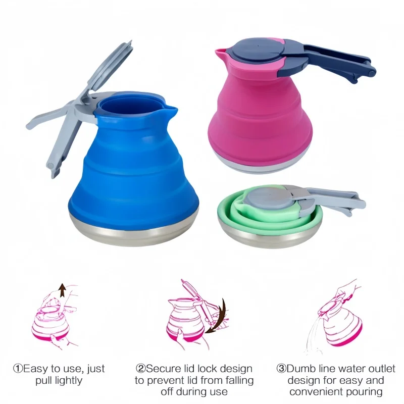 1500ML Collapsible Silicone Kettle Leak-Proof Travel Camping Kettle Lightweight Outdoor Water Boiler For Hiking Backpacking