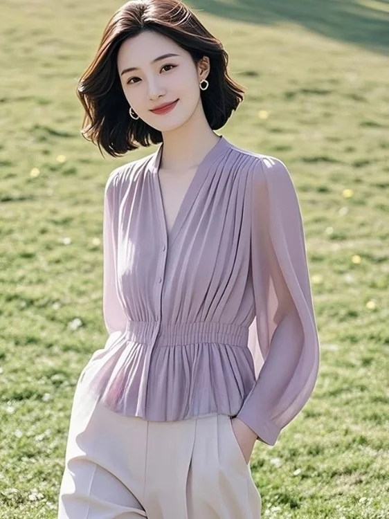 

Ele Purple Long Sve irt Women's Inner Wear Spring Autumn New Sle Unique Faionable Top Lady's Busin Casual Pol...