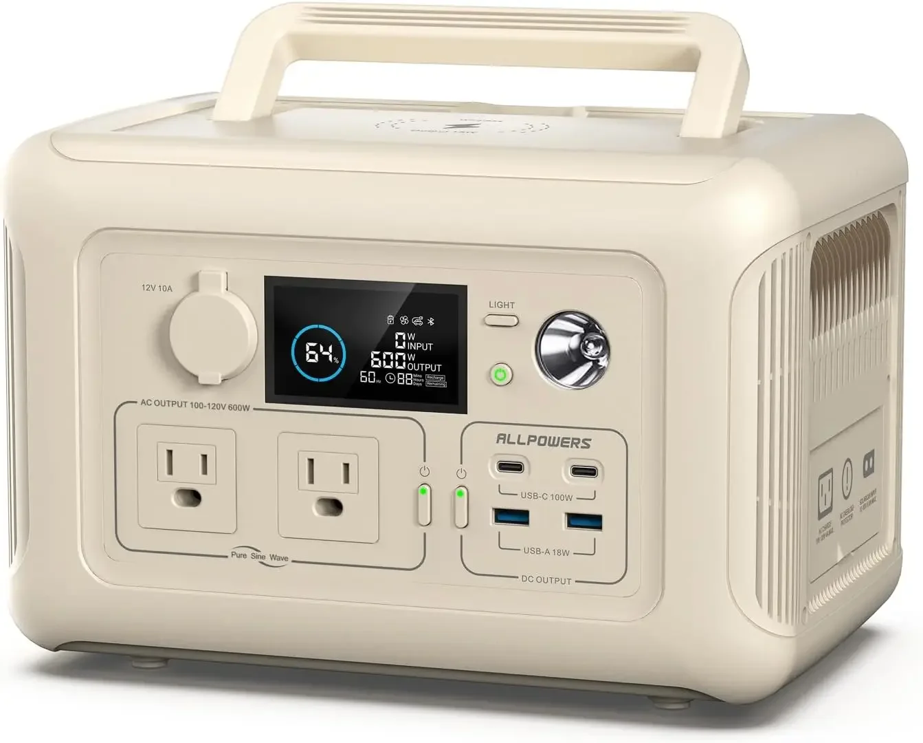 

ALLPOWERS R600 BEIGE 299Wh 600W Portable Power Station, LiFePO4 Battery Backup with UPS Function, 1 Hour to Full 400W I