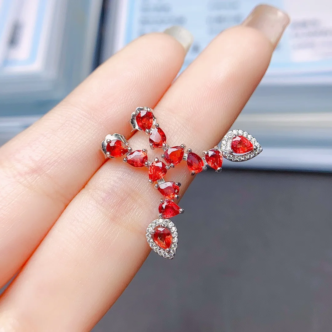 S925 Sterling Silver Natural Red Sapphire Dangle Earrings,3*4mm Pear‑Shaped Gemstone Long Tassel Inlaid Zircon, Luxury Jewelry