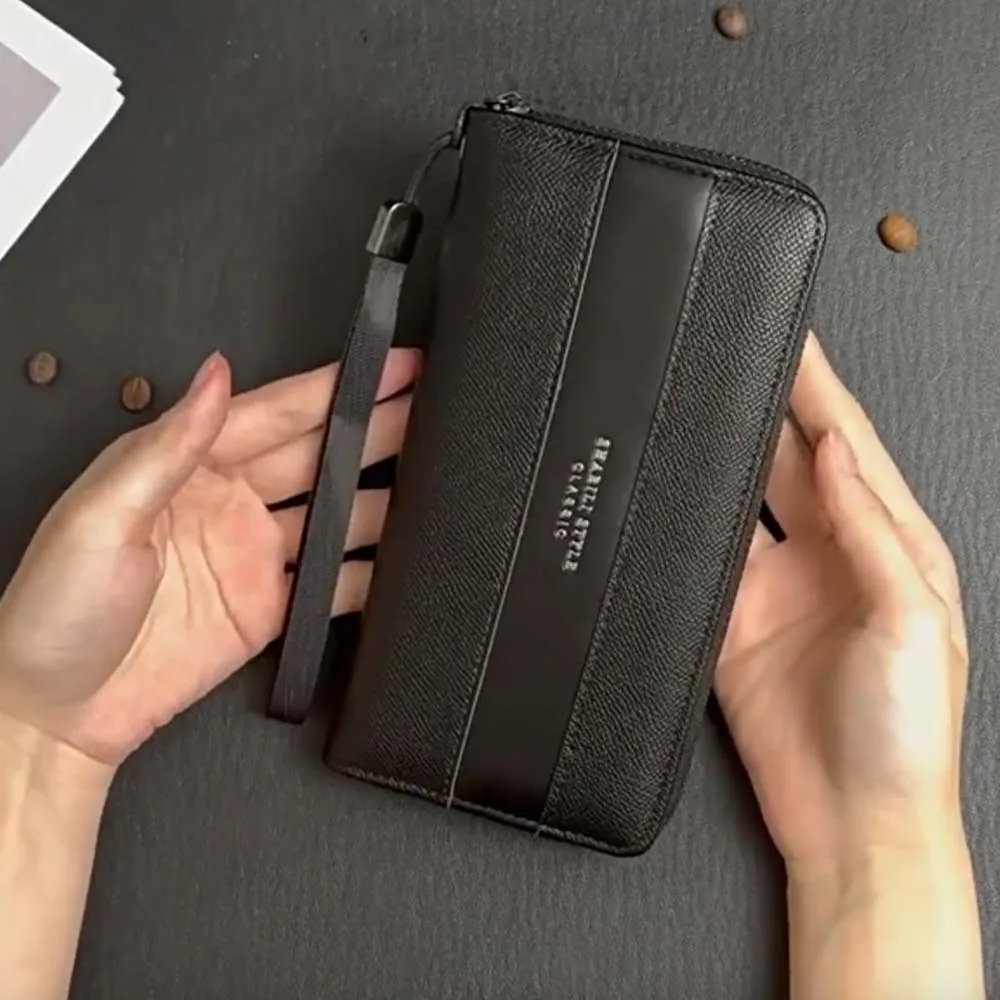 Large Capacity PU Men's Wallet Anti-splash Water Classic Long Business Handbag Solid Color Multiple Card Holder Coffee Phone Bag