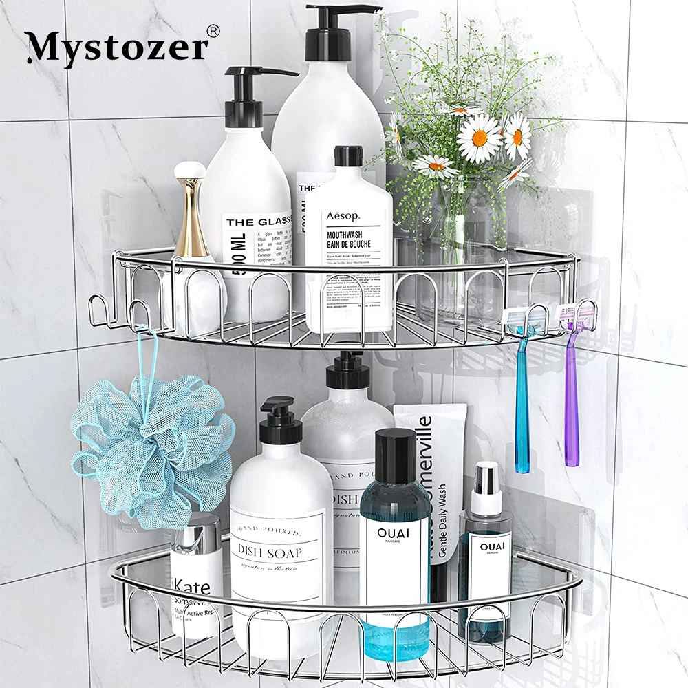 Mystozer Bathroom Organizer Corner Shelf Adhesive Bathroom Accessories With 4 Hooks Wall Mounted Rack Shampoo Holder Cesta Baño