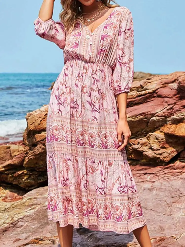 Estate Boho lungo donna moda stampa scollo a V mezza manica abito in cotone elegante casual abiti da spiaggia a vita alta abiti