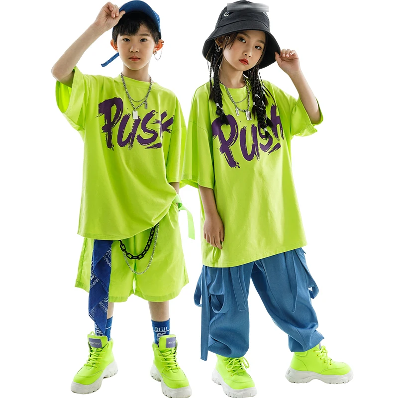 Children's Day Street Dance Fashion Outfit Girls Green Tops Pants Loose Short Sleeves Boys Jazz Drum Performance Wear BL10491