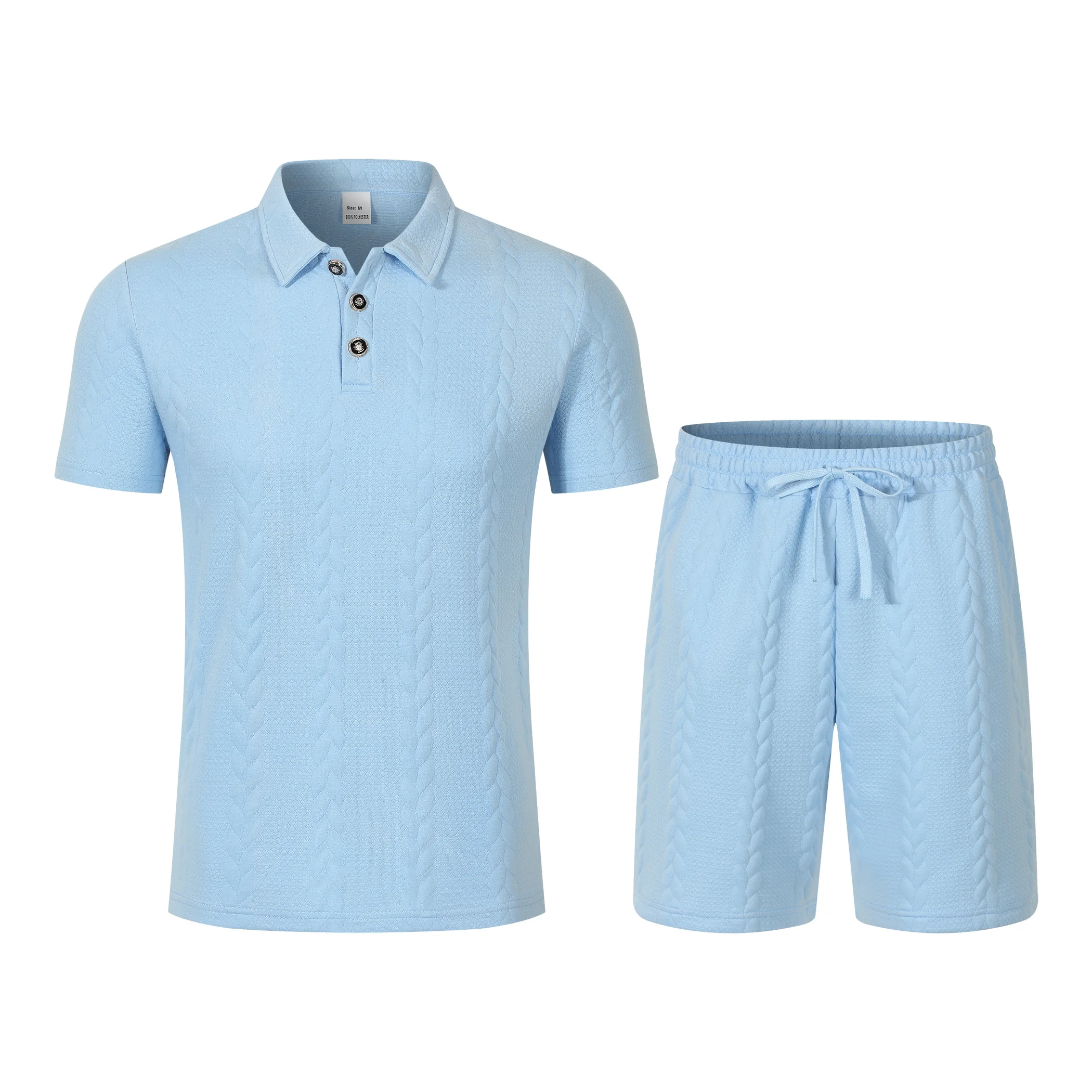 Bild 7: 2026 Sommer Herren Einfarbiges Jacquard Revers Knopfleiste Kurzarm & Shorts 2-teiliges Sportanzug-Set