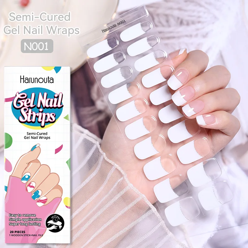 Tiras de uñas de Gel semicuradas, parches deslizantes, adhesivos impermeables de larga duración, cubierta completa, necesita lámpara UV, 1 hoja