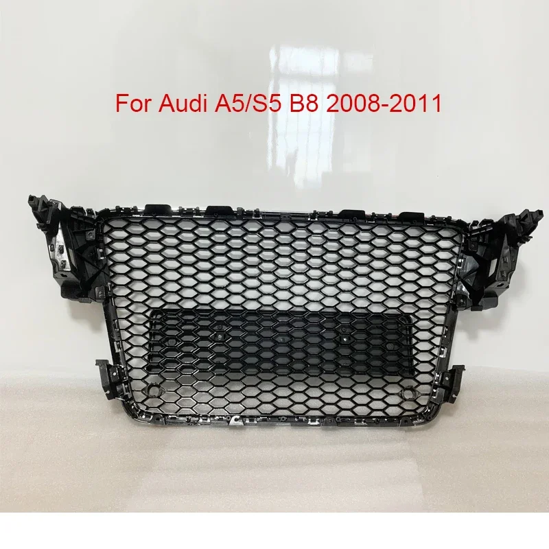 For RS5 Style Front Sport Hex Mesh Honeycomb Hood Grill Chrome Gloss Black Fits for Audi A5/S5 B8 2008 2009 2010 2011 No Logo