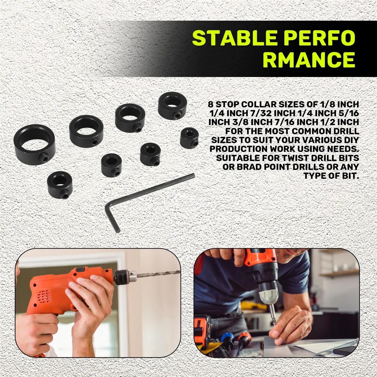 Set collare per punta da trapano, anello limite collare di arresto profondità trapano regolabile da 9 pezzi con set in acciaio al carbonio per punte da trapano ZJY