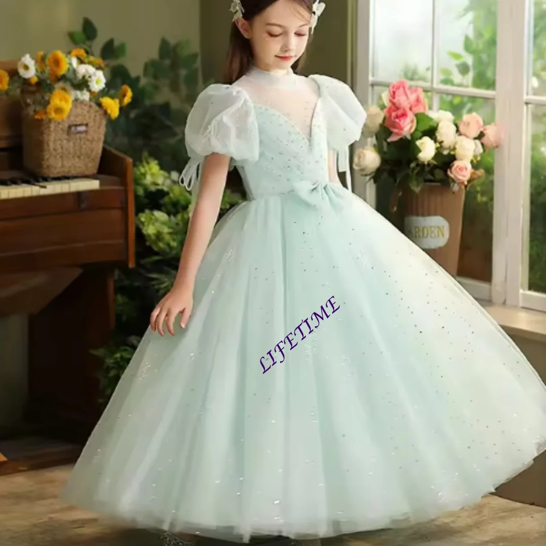 Maßgeschneidertes Blumenmädchenkleid aus Spitze und Tüll mit Schleife und Pailletten, kurzen Ärmeln, für Kinder, Hochzeit, Erstkommunion, Geburtstagsfeier