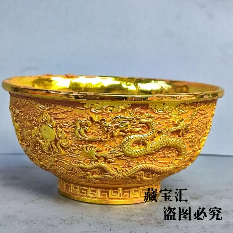 Ancient Unearthed Gilded Copper Bowl Nine Dragons Tibetan Antique Old Collection Fortune Attracting Fengshui Decor Sculpture