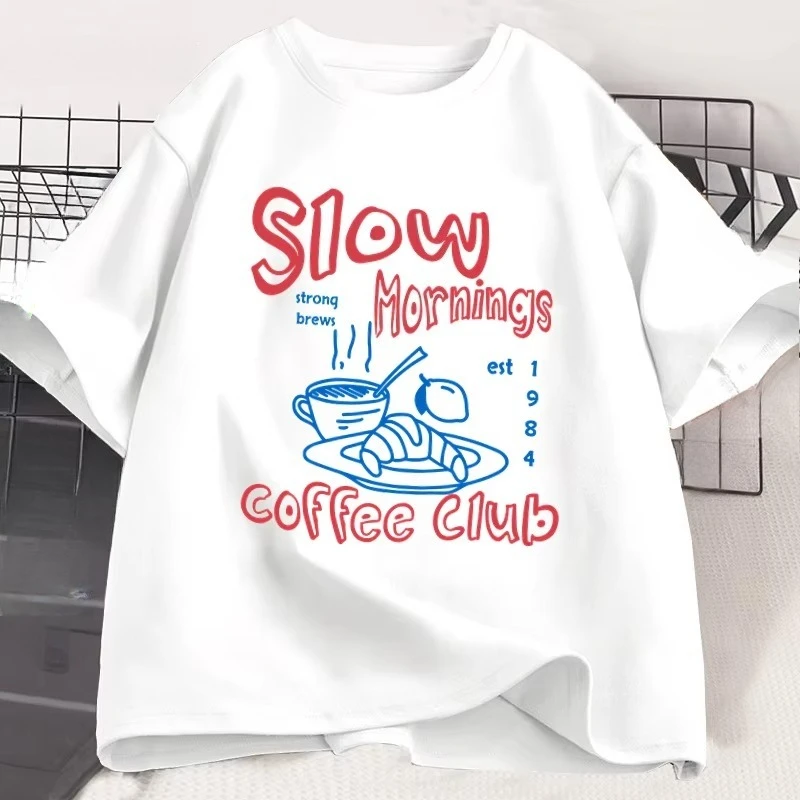 Slow Mornings Graphic Tshirt Women Trendy Coffee Club Tshirt Retro Coffee and Croissant T Shirt Breakfast Club  Clothing