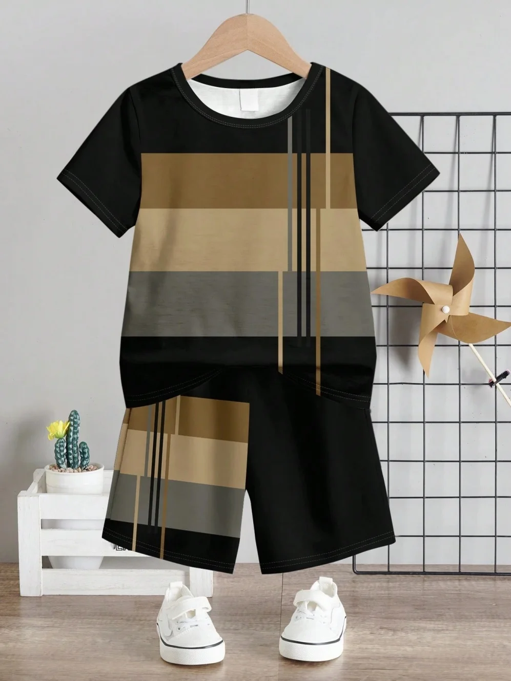 Kinder-T-Shirt für Jungen, schlichter Buchstabendruck, Sommer, Straßensport, Kurzarm-Set, modische, bequeme Kinderkleidung für Jungen – Detail 5
