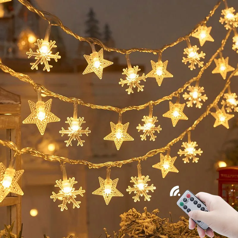 Guirnalda de luces navideñas para exteriores, cadena de luces LED con forma de estrella de copo de nieve, batería/USB, decoración de árbol y