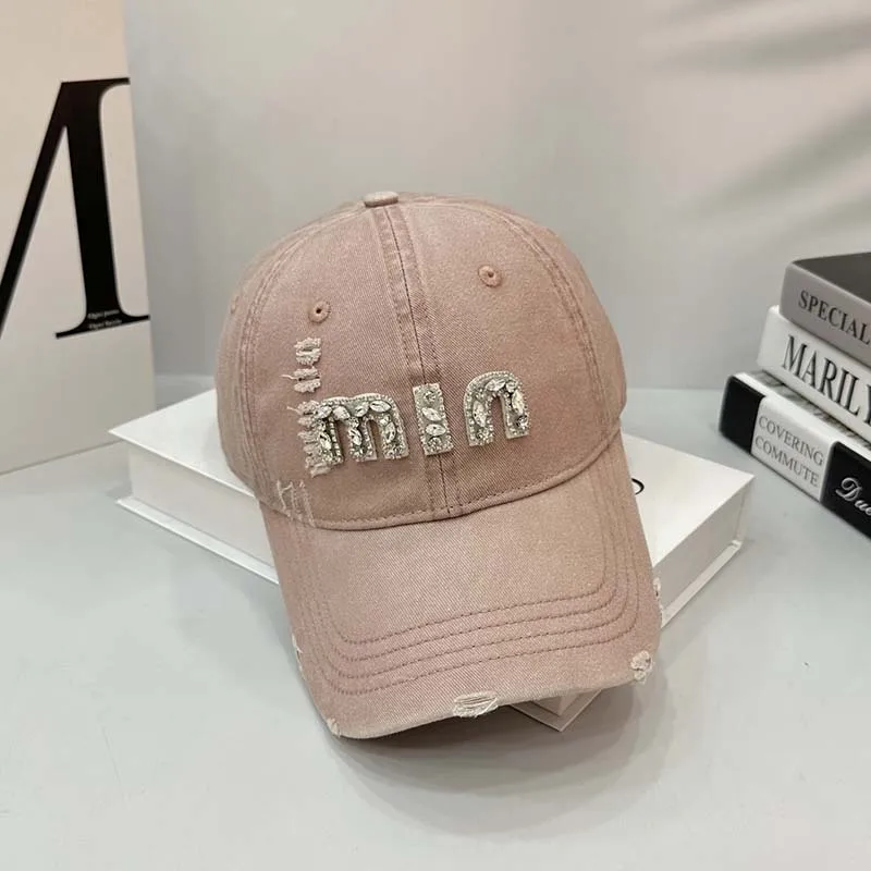 Topi Baseball Gaya Amerika dengan Kristal, Model Snapback untuk Wanita, Cocok untuk Jalan-Jalan, Bahan Denim Acid Wash, Model Visor