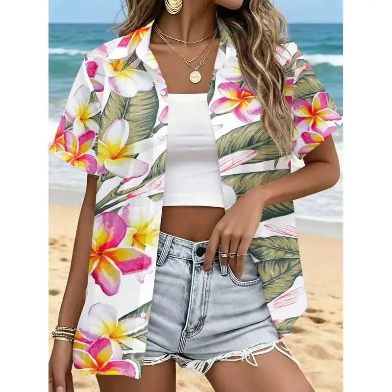 Women's Casual Short-Sleeve Shirt: Vibrant Frangipani and Hibiscus with Lush Tropical Leaves