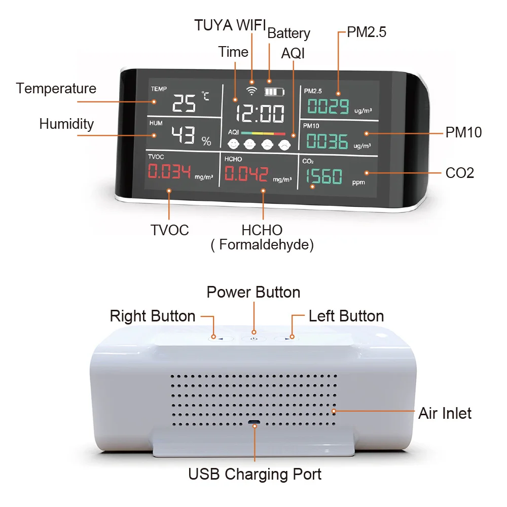 10-in-1 Tuya WiFi CO2/PM2.5/PM10/HCHO/TVOC/AQI/Clock/Temperature/Humidity Air Quality Tester Battery Operated CO2 Meter Detector