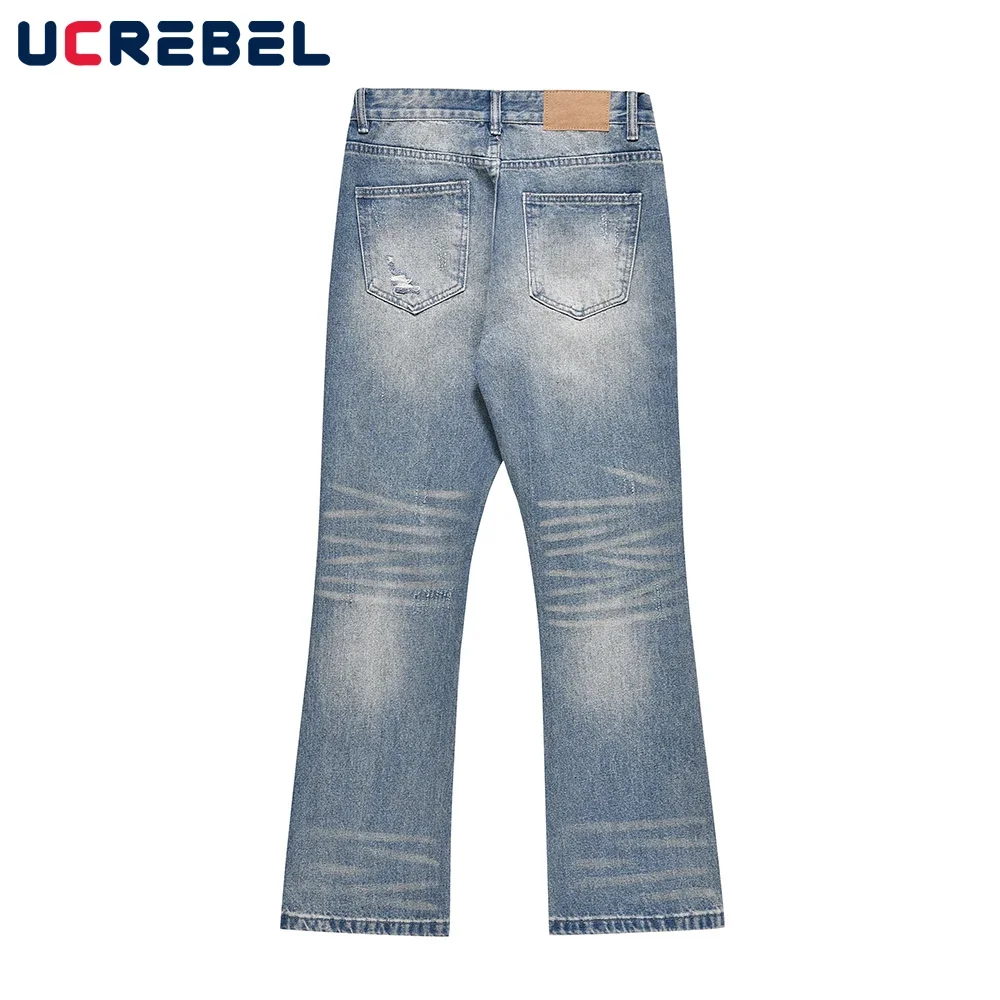 Ripped Hole Casual Denim Pants Mens Retro Washed Distressed Loose Straight-leg Vibe Style Flared Pants