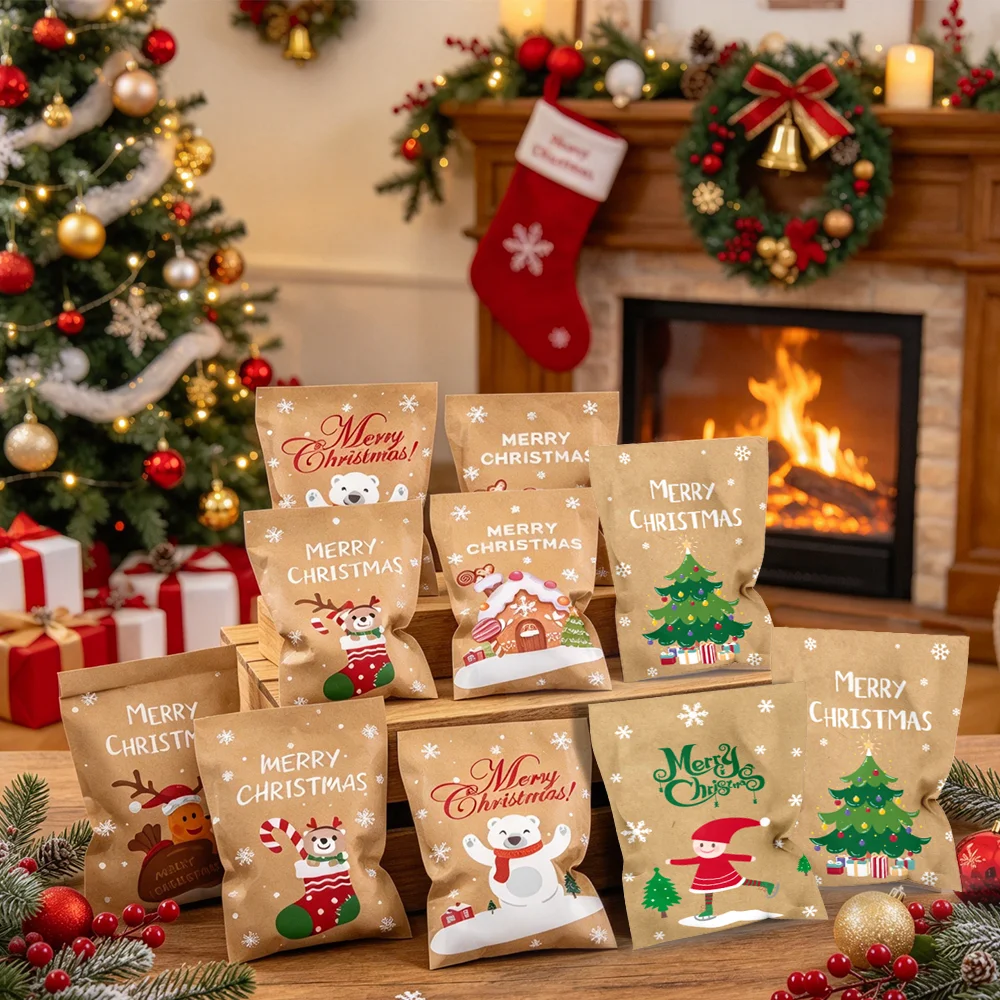 24Pcs Christmas Brown Kraft Paper Gift Bags, Multiple Cute Christmas Pattern Treat Pouches,Holiday Small Gift Wrapping Bags