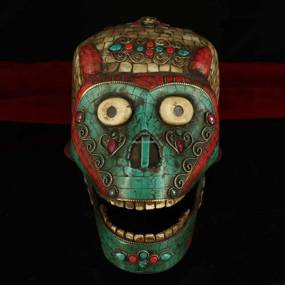 

9" old tibet bronze copper inlay turquoise Gem buddhism Kapala skull head Statue