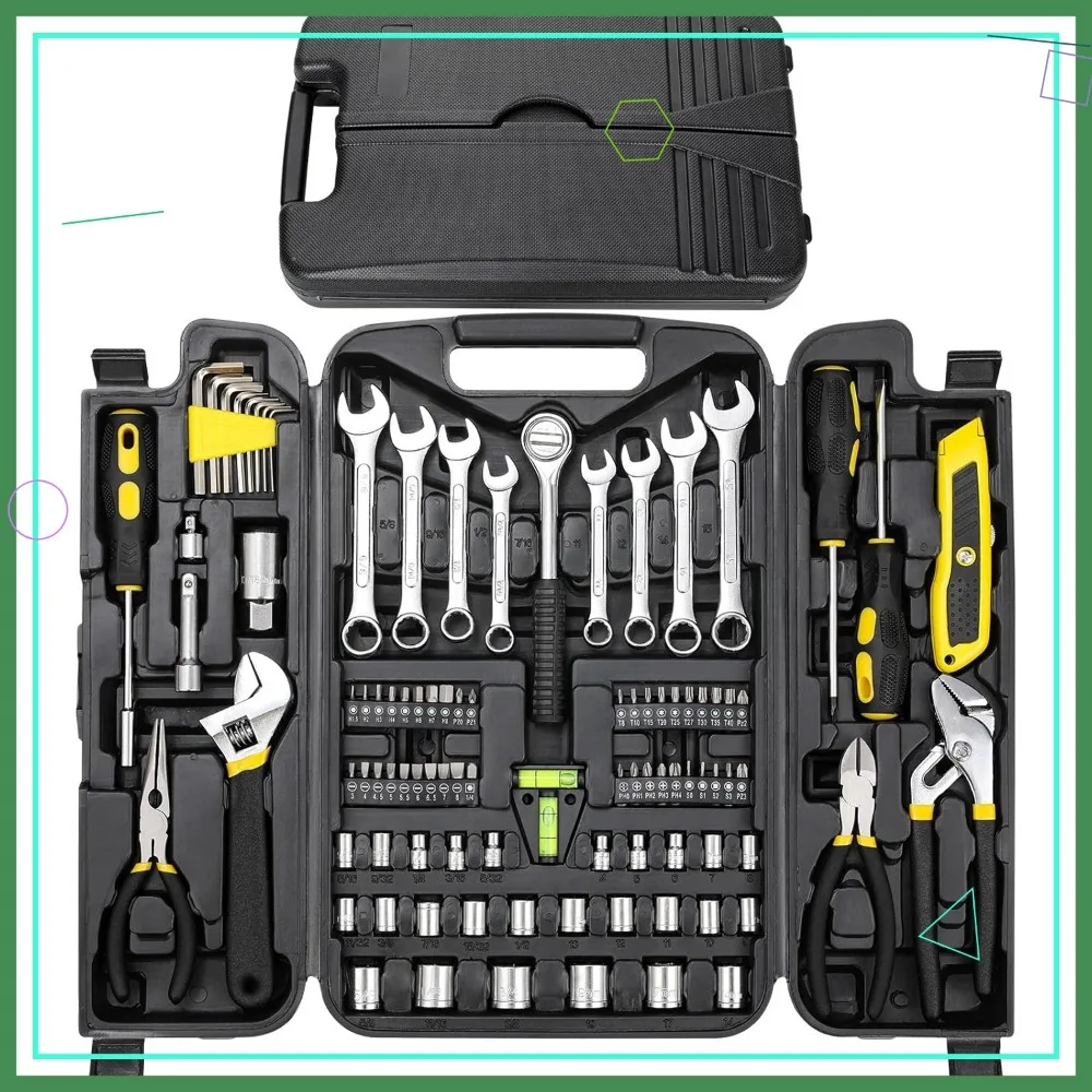 

Набор инструментов из 95 предметов с регулируемым ключом, плоскогубцами и торцевыми насадками в портативном пластиковом футляре для домашнего гаража (желтый)