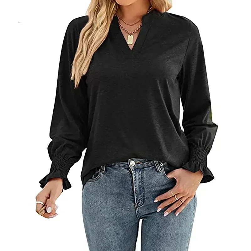 Women Long Sleeve Solid V Neck Pullover Sweater Tops for Spring