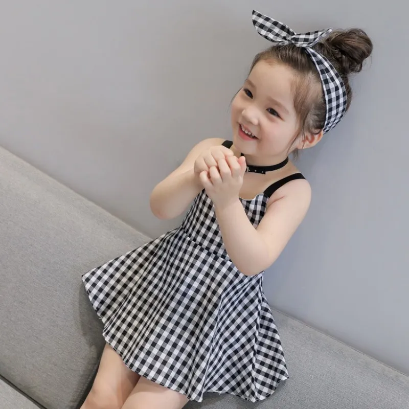 Summer Kids Girls Dress Sleeveless Plaid Sling Toddlers Dresses Kids Breathable Casual Dress Girls Clothing 1-6Y