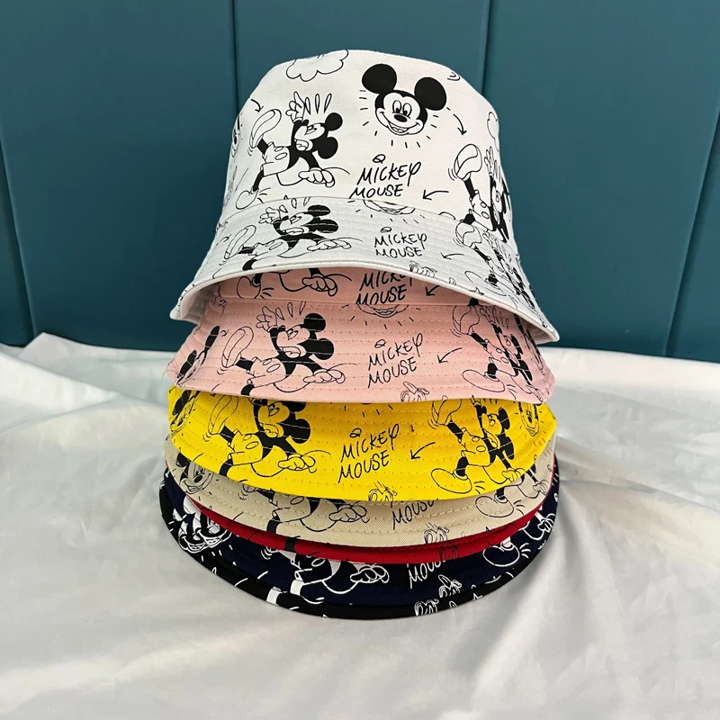 MINISO Cartoon Waflera Mickey Mouse Bucket Cap Autumn Fisherman Hats Double-sided Printing Cotton Cap Birthday For Kid Gifts