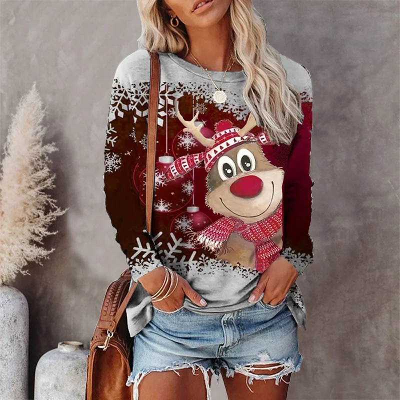 Autumn /winter Fashion Women's Clothing Round Neck Christmas Tree/Christmas Elk  Print Long-sleeved T Shirt  Casual Tops Shirt