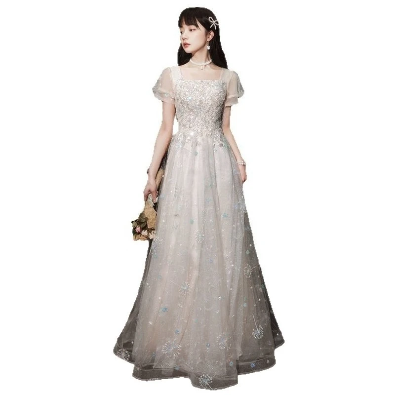 

Vintage Elegant Embroidery Sequined Shining Long Formal Evening Prom Birthday Party Dress With Short Sleeves