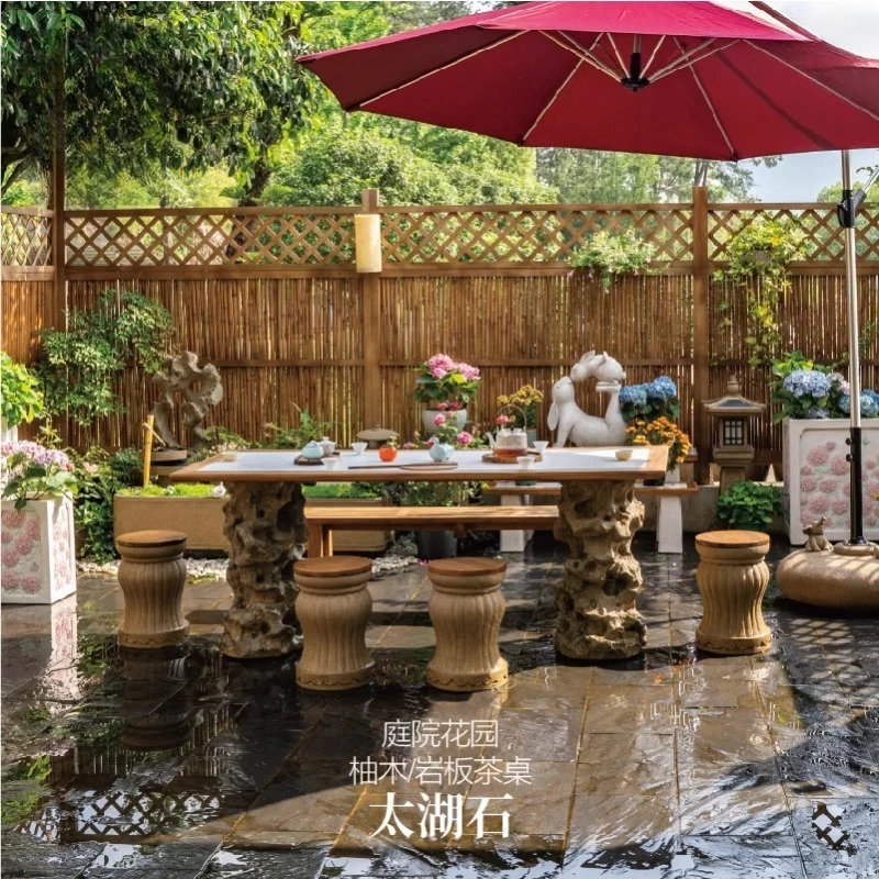 Chinese garden villa Taihu stone outdoor courtyard tables and chairs, terrace teak rock slab outdoor solid wood tea table