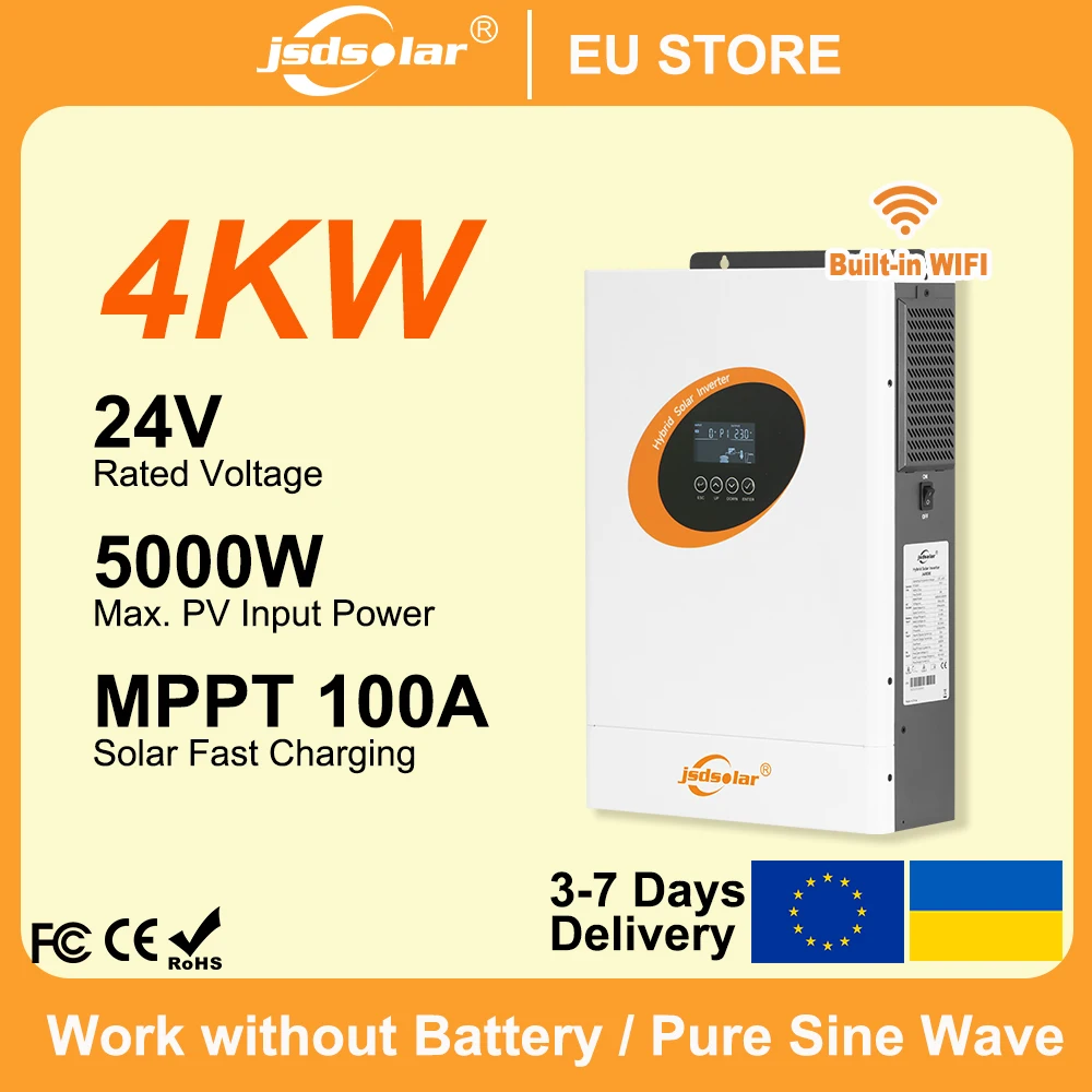 Jsdsolar 4KW 24V Hybrid-Solarwechselrichter Reine Sinuswelle MPPT 100A Solarladegerät PV 500VDC Off-Grid Eingebautes WLAN Unterstützt LiFePo4