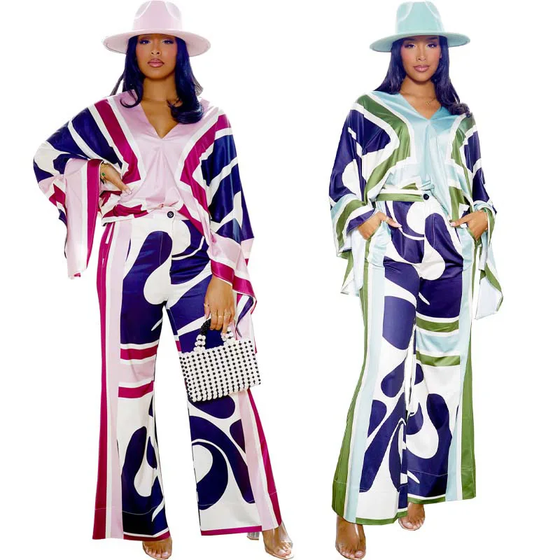 

Американские европейские новые модные женские свободные повседневные модные комплекты из 2 предметов с v-образным вырезом и длинными рукавами, расклешенные широкие брюки