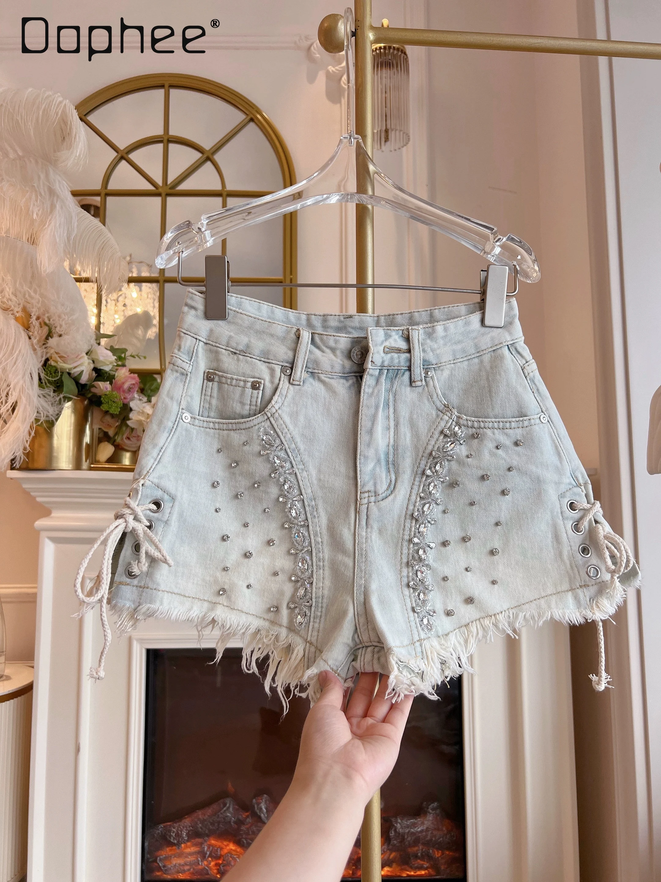 여름 중공업 다이아몬드 박힌 분할 술 하이 웨이스트 슬림 청바지 통근 스타일 패션 다목적 섹시한 청바지 여성