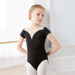 Girls Teen Ballet Leotard Mesh Splice Gymnastics Leotards Ballet Dance Bodysuit Black Short Sleeve Children Ballet Costumes
