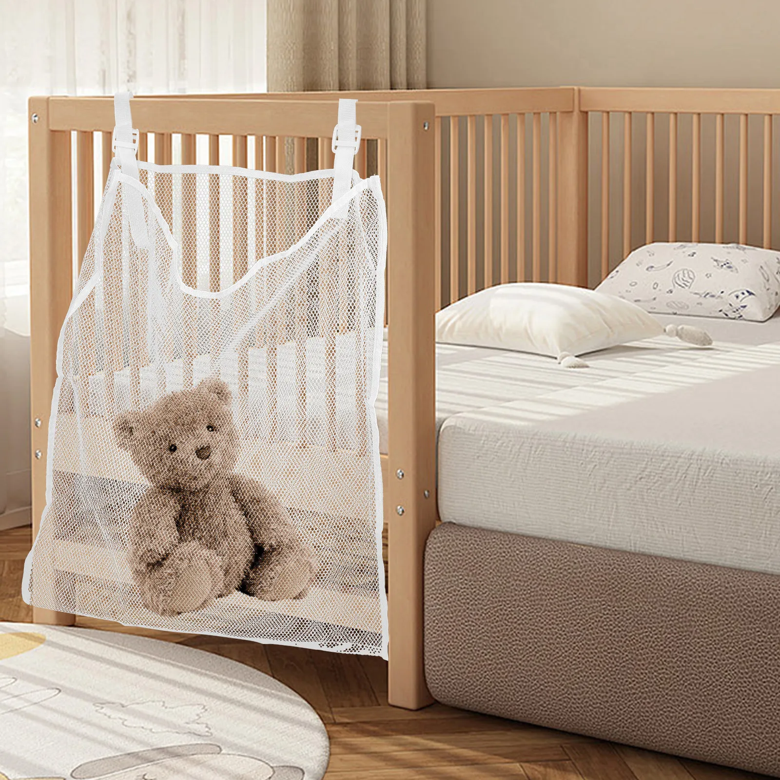 

Baby Crib Hanging Pouch for Diapers Pacifiers Teethers Wipes Nursery Storage Bag Adjustable Strap Breathable Mesh Bedside