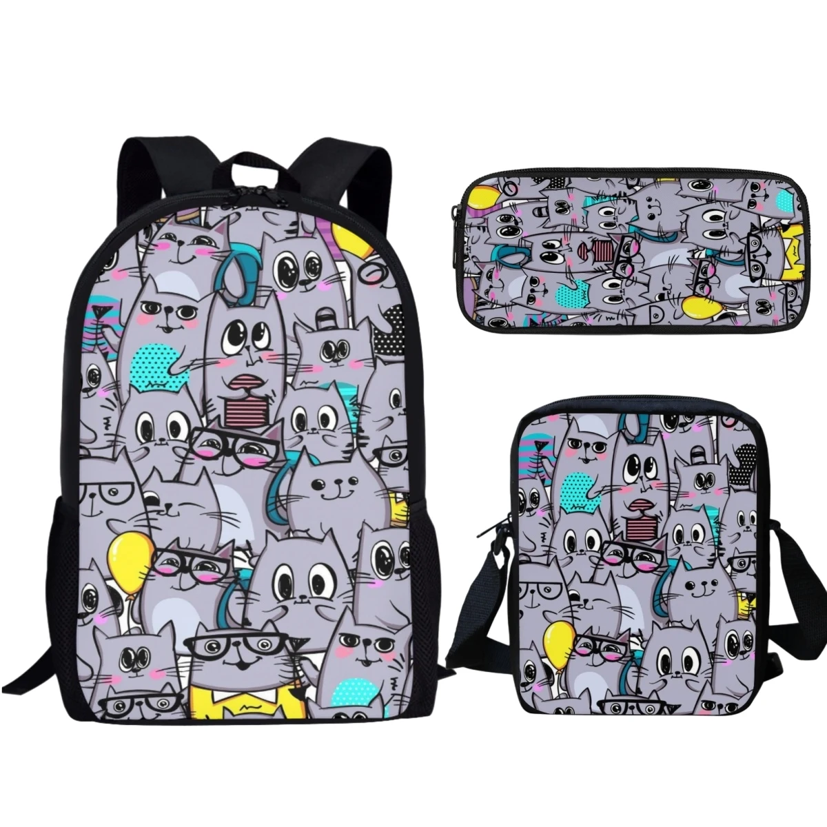 Cartoon Kitten Pattern Kids School Bags Cats Print Cute Girls School Backpacks Set of 3 Fashion Children Travel Laptop Daypack