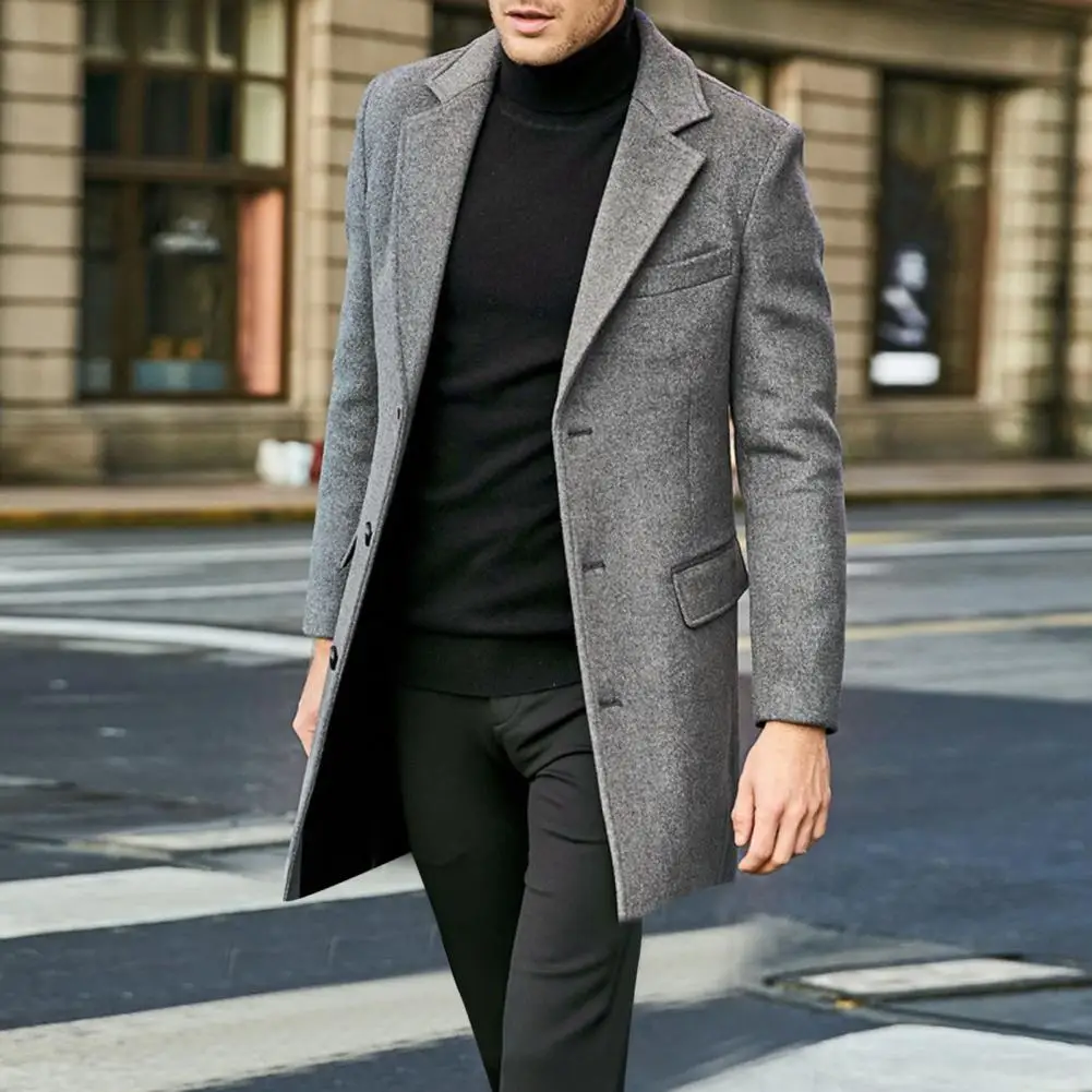 

Solid Color Lapel Coat Stylish Men's Winter Coat with Lapel Collar Flap Pockets Single-breasted Mid-length Overcoat for Warmth