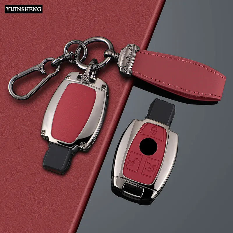 Funda de aleación de Zinc + cuero PU para llave de coche, soporte de cubierta Fob para Mercedes Benz CLS CLK AMG CLK GLC GLE GLS ML SL SLK A C E R S G