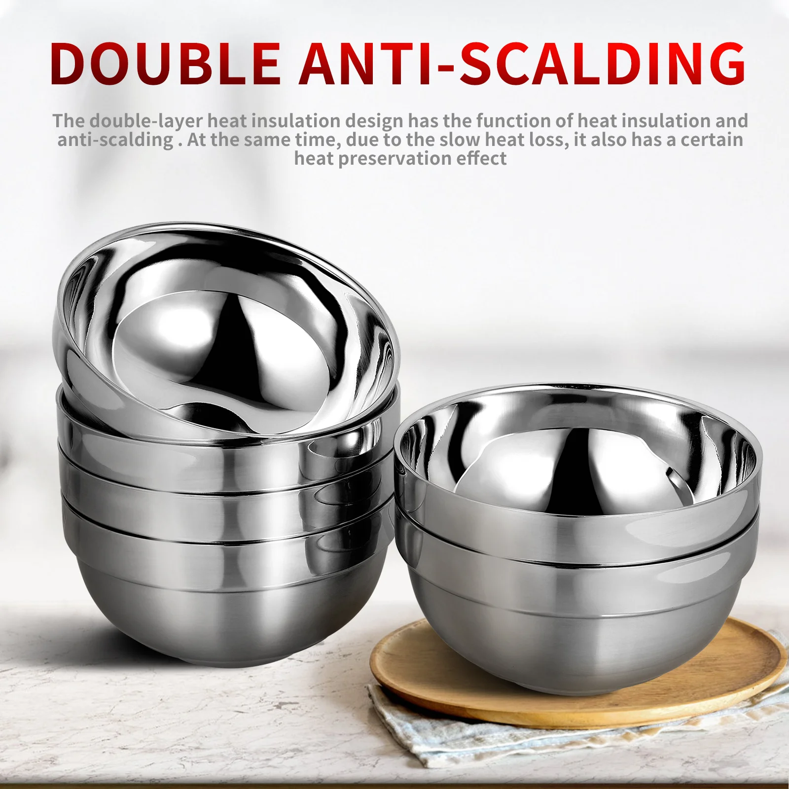 6Pcs Stainless Steel Anti-Scald Bowls Double Layer Insulation Safe 13cm Home Restaurant Kitchen Tableware