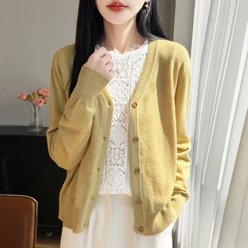 High Quality Knitted V Neck Cardigans Women 2026 Autumn Single Breasted Soft Cardigan Woman Solid Color Long Sleeve Sweater Coat