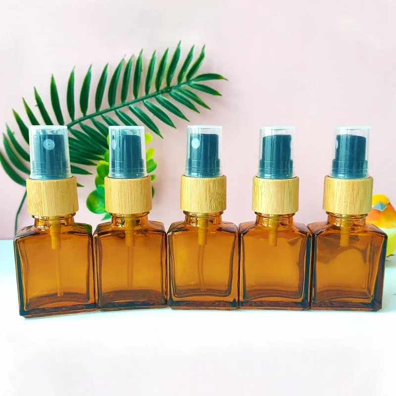 Wholsesale!high quality Square Glass Serum Bottle with Eye Pipette Dropper Amber Refillable Press Pump Spray VialBambooCapTravel