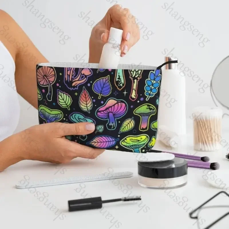 Corduroy cosmetic bag portable travel toiletries bag, beauty makeup skin care sundries storage bag Colorful mushroom luxury