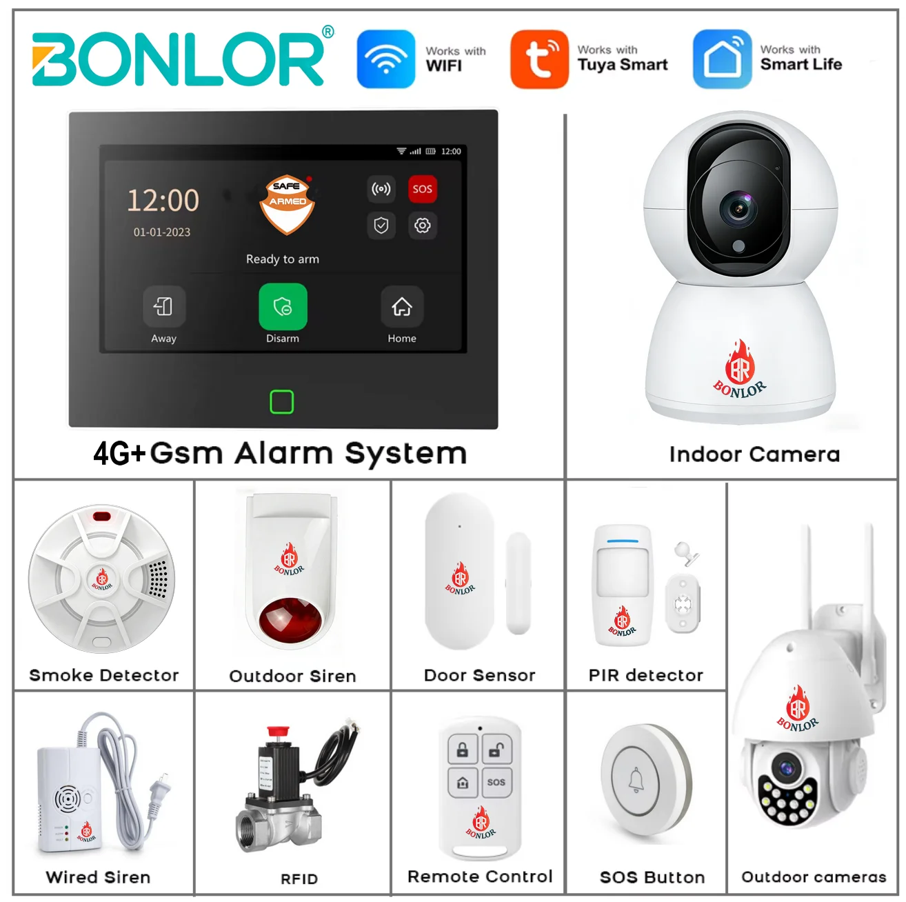 

Bonlor 7 inch Home Alarm System Wireless WiFi 4G Tuya Smart Security Protection Kit Built-in 115dB Louder Siren 5000mAh