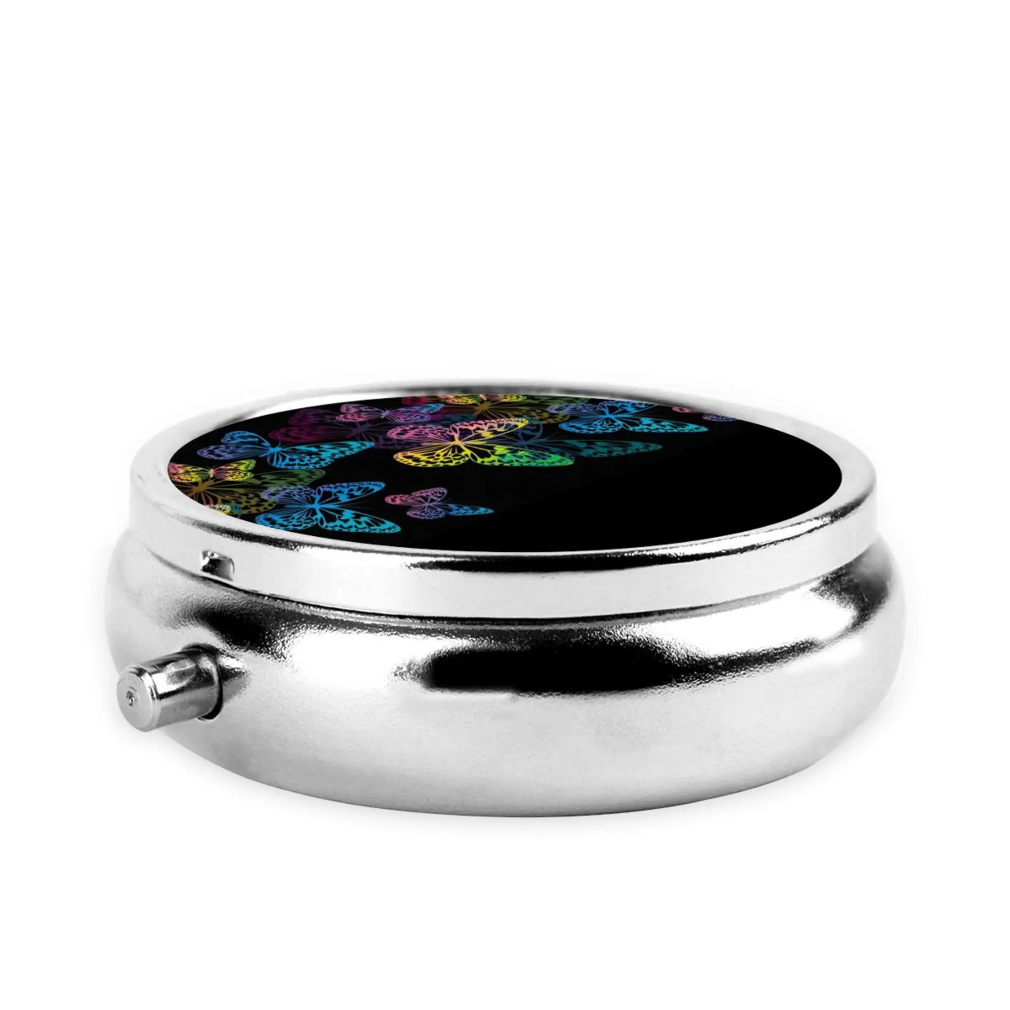 Butterflies Pill Box Purse Pocket Small Round Silver Pill Case Decorative Box Metal Medicine Vitamin Pill Organizer Portable